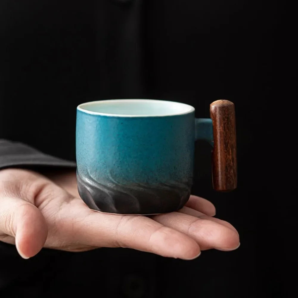 80ml Ceramic Retro Coffee Cup Handmade Tea Mug with Wooden Handle Perfect for Office and Home Use