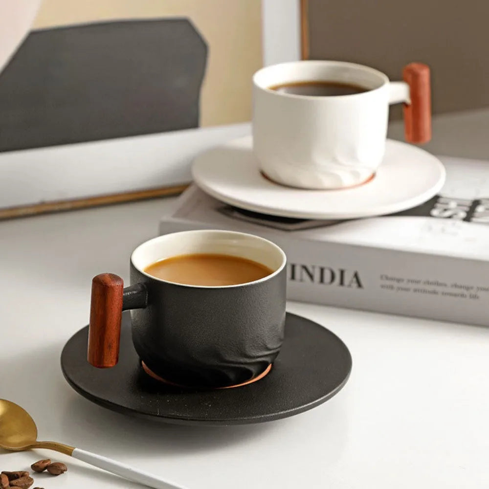 80ml Ceramic Retro Coffee Cup Handmade Tea Mug with Wooden Handle Perfect for Office and Home Use
