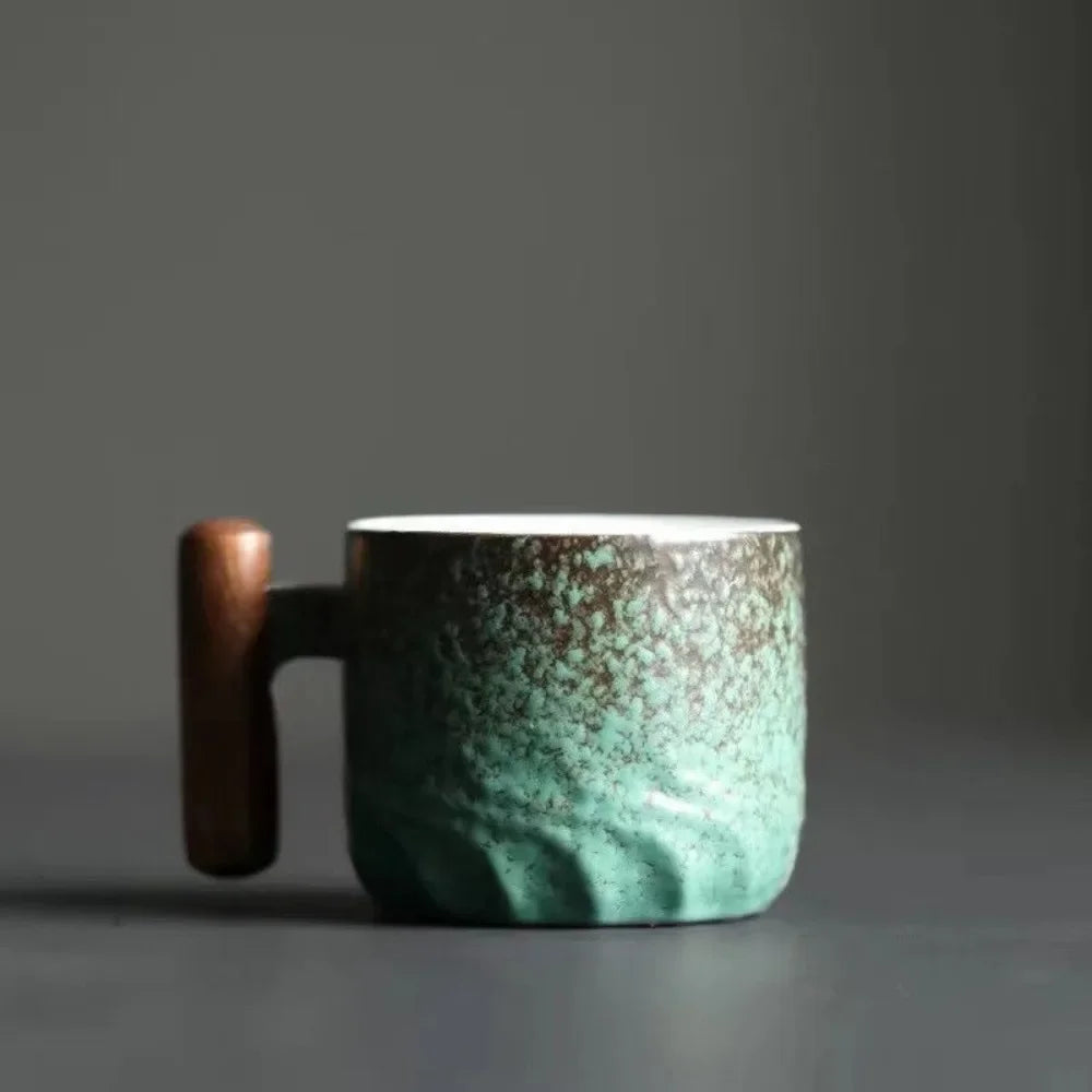 80ml Ceramic Retro Coffee Cup Handmade Tea Mug with Wooden Handle Perfect for Office and Home Use