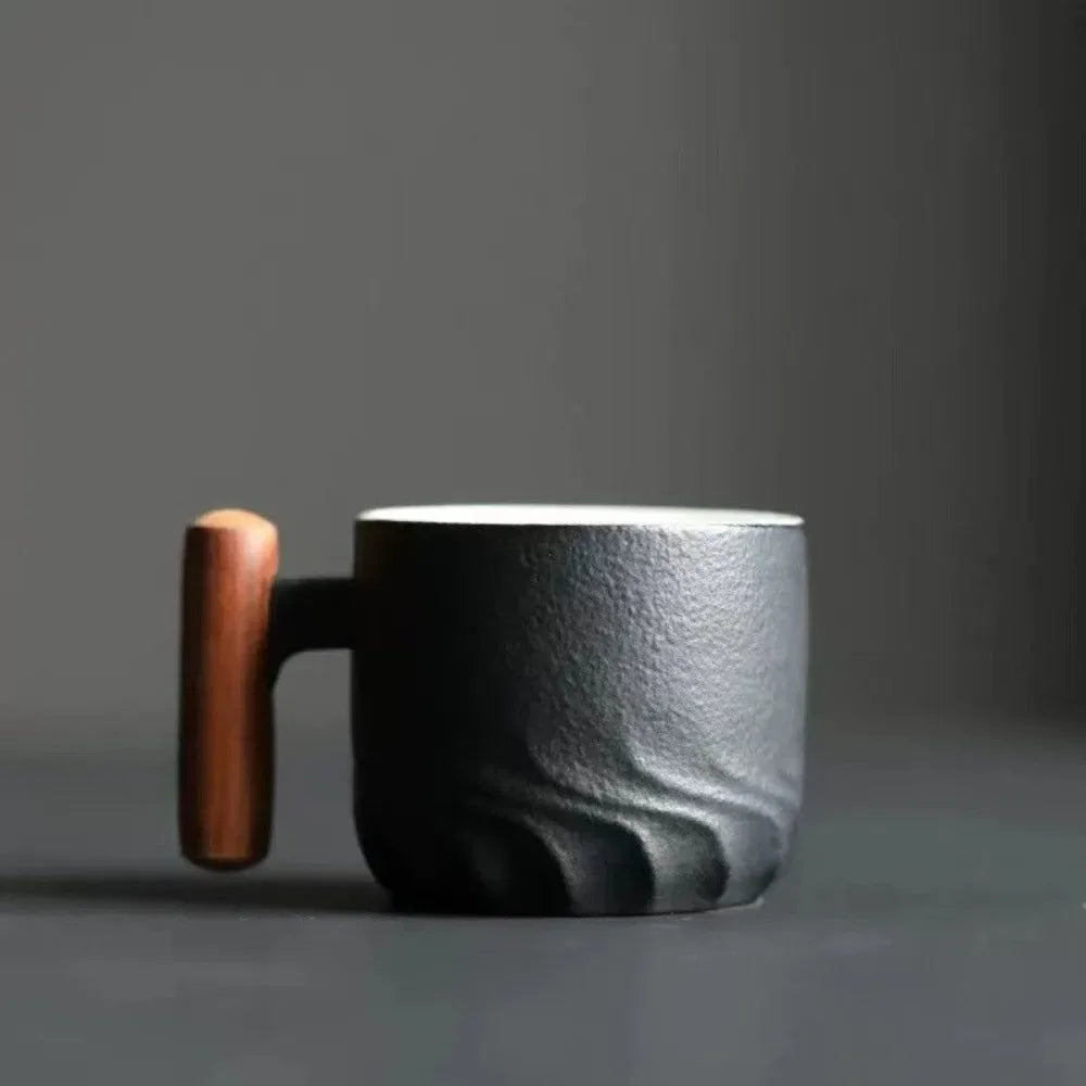 80ml Ceramic Retro Coffee Cup Handmade Tea Mug with Wooden Handle Perfect for Office and Home Use