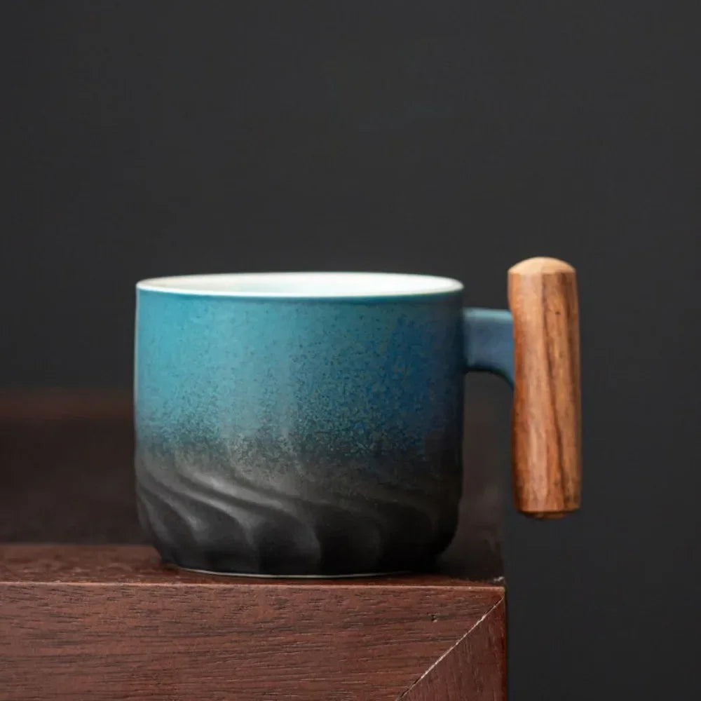 80ml Ceramic Retro Coffee Cup Handmade Tea Mug with Wooden Handle Perfect for Office and Home Use