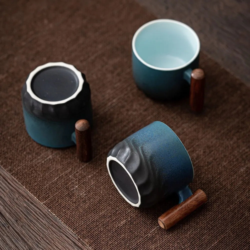 80ml Ceramic Retro Coffee Cup Handmade Tea Mug with Wooden Handle Perfect for Office and Home Use